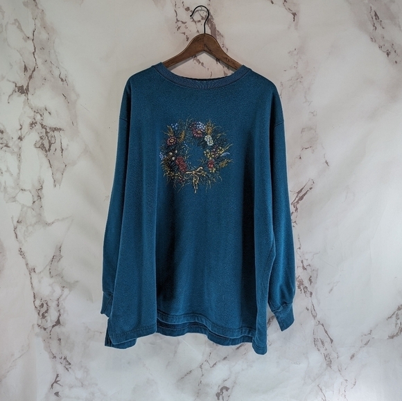 Vintage Wreath Sweatshirt Women 1X Green 90s Ugly Christmas Winter Holiday Crew - Picture 1 of 10